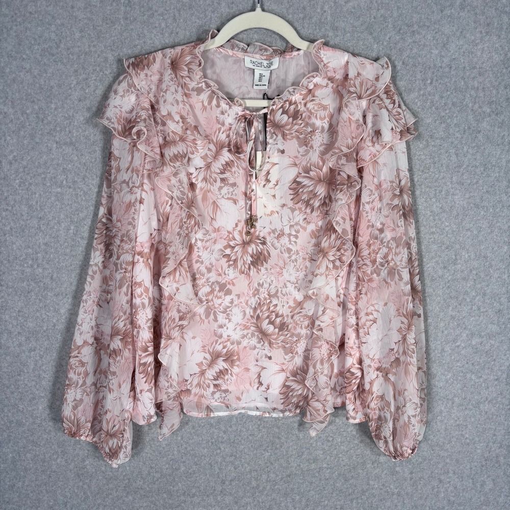 NEW Rachel Zoe Floral Ruffle Sheer Blouse Large Pink Coquette Whimsical Feminine